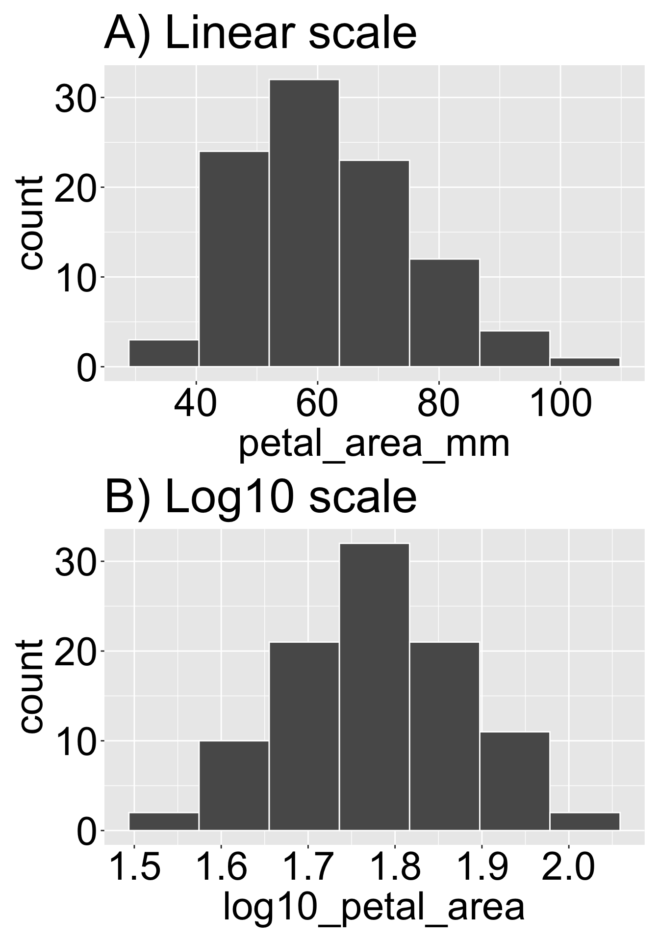 A two-panel histogram comparing the distribution of Clarkia petal area before and after a log10 transformation. Panel A, labeled "Linear scale," shows a right-skewed histogram of petal area (mm²), with most values concentrated on the lower end and a long tail extending toward larger values. Panel B, labeled "Log10 scale," shows the same data transformed using the log10 function, resulting in a more symmetric, bell-shaped distribution.